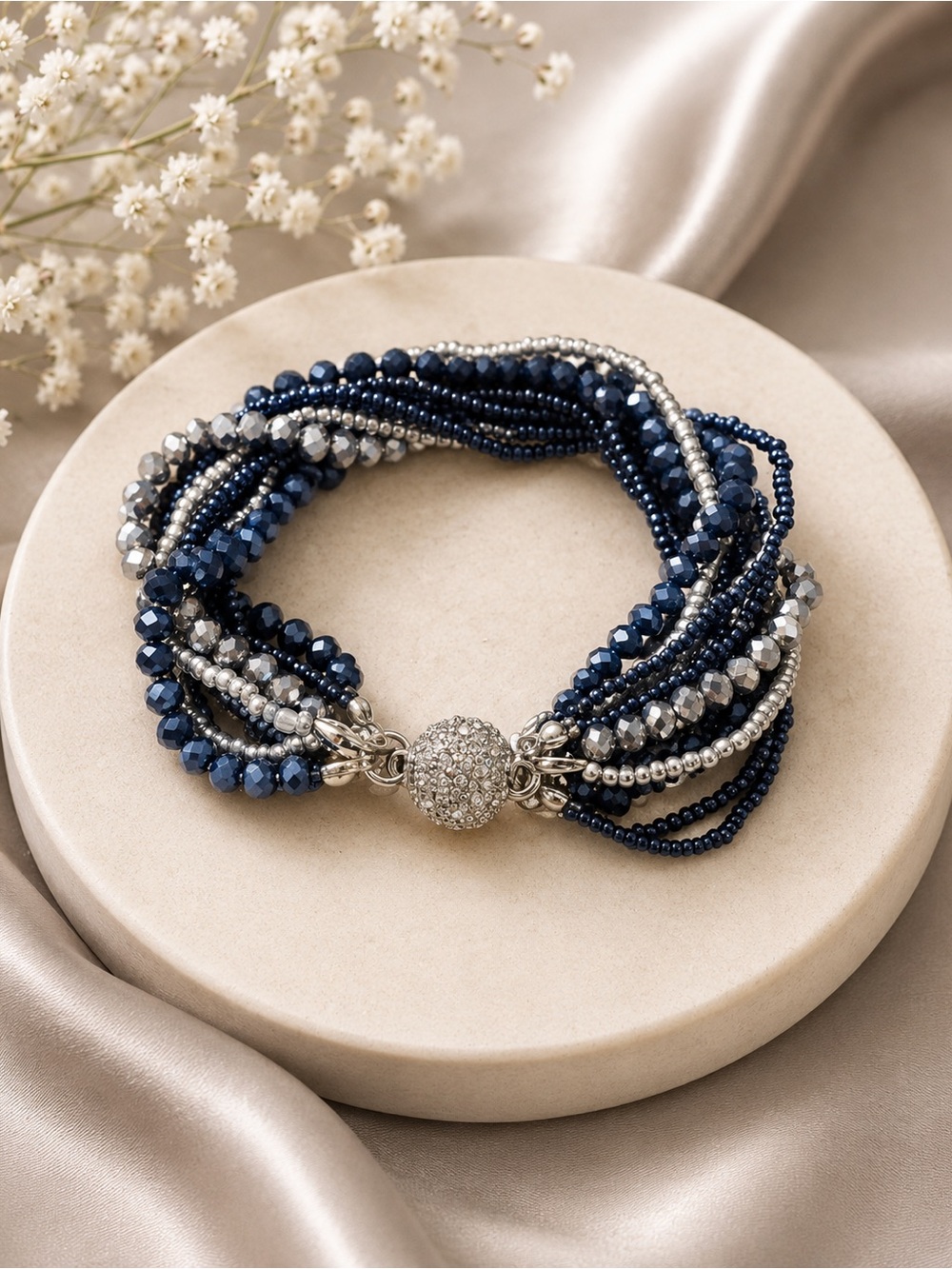 Blue/Silver Beaded Magnetic Bracelet – 7 inches